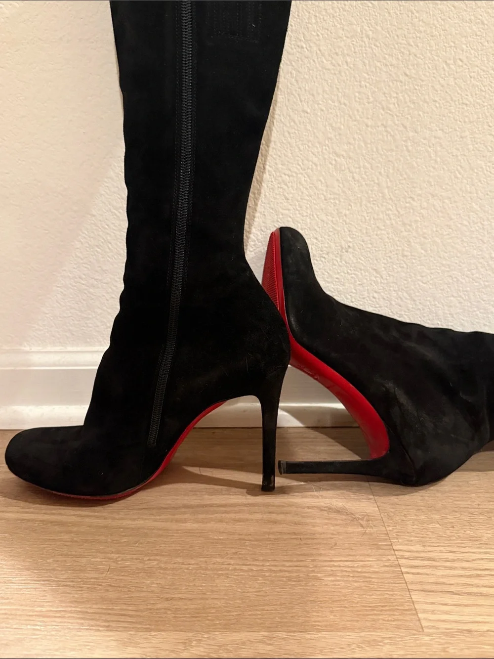 Christian Louboutin Black Suede Over-the-Knee Stiletto Boots with Red Soles